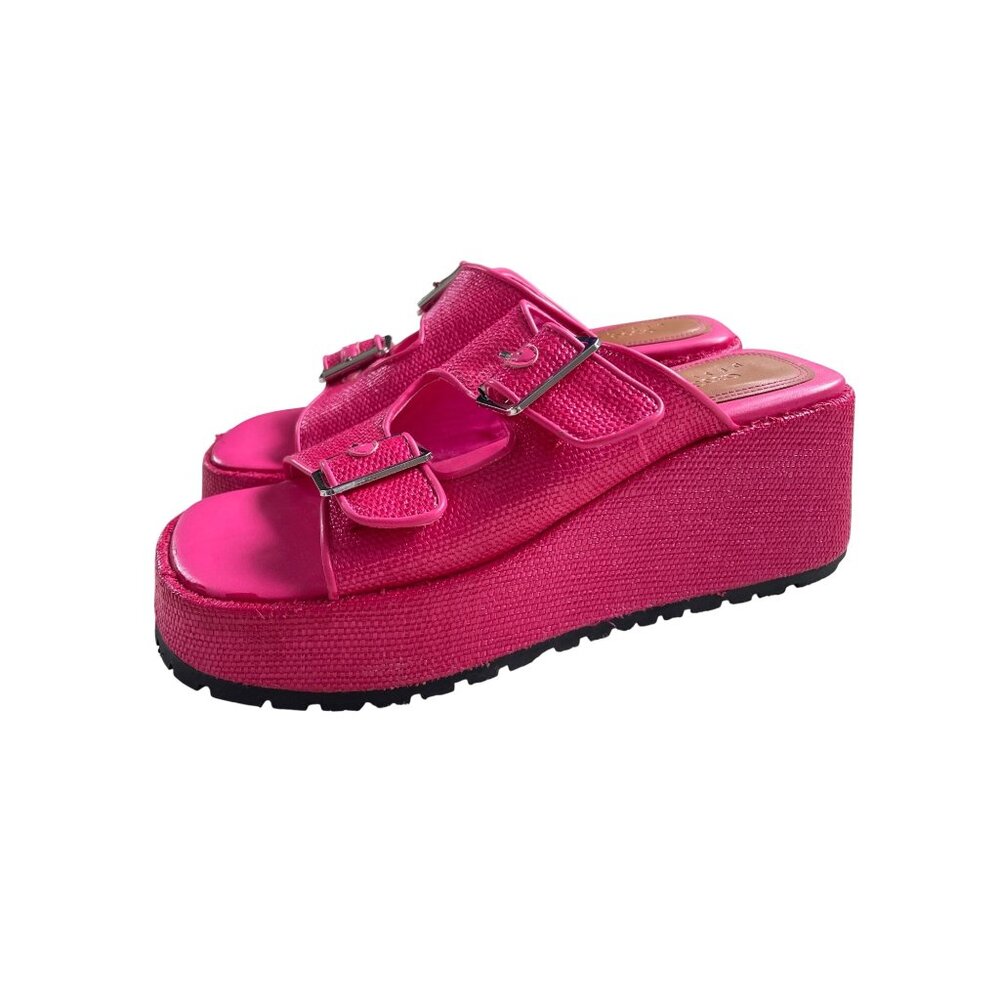ASOS Women's 7 Chunky Platform Slip on Wedge Sandal w/ Buckles Hot Pink 90s Y2k